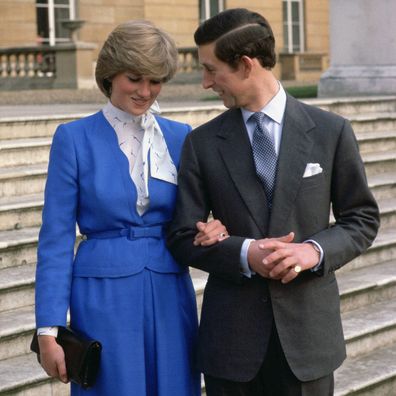 Princess Diana and Prince Charles announce their engagement outside Buckingham Palace.