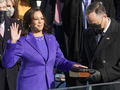 Kamala Harris is sworn in as vice president by Supreme Court Justice Sonia Sotomayor as her husband Doug Emhoff holds the Bible during the 59th Presidential Inauguration at the U.S. Capitol in Washington, Wednesday, Jan. 20, 2021. (AP Photo/Andrew Harnik)