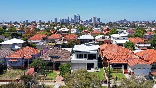 Aerial urban suburban cityscape landscape view in Perth Western Australia.