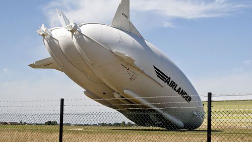 The Airlander 10 as it crash landed at its base in Bedfordshire. (AAP)