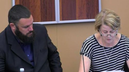 Barbara Spriggs, accompanied by son Clive Spriggs, gives evidence at the aged care royal commission. 