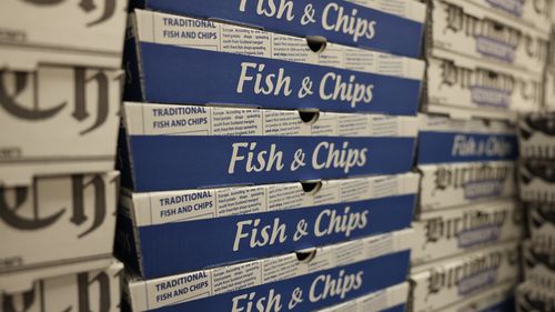 Fish and chips boxes at a shop on May 1, 2022 in London, England. The war in Ukraine is causing a shortage of sunflower oil. (Photo by Hollie Adams/Getty Images)