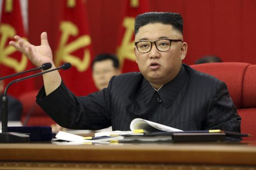 In this photo provided by the North Korean government, North Korean leader Kim Jong Un speaks during a Workers' Party meeting in Pyongyang, North Korea, Tuesday, June 15, 2021.