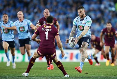 Josh Dugan kicked ahead for Josh Morris to score the first try for NSW.