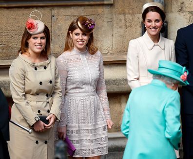 Princess Eugenie, Princess Beatrice, Queen Elizabeth II and Catherine, Duchess of Cambridge attend the traditional Easter Sunday church service at St George's Chapel, Windsor Castle on April 16, 2017 in Windsor, England 