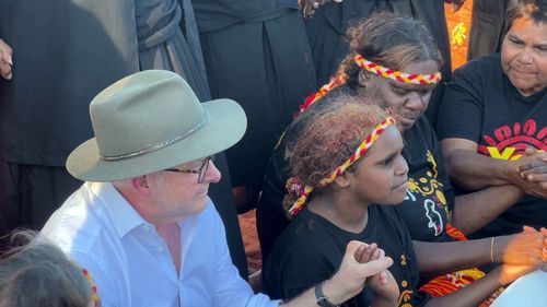 Anthony Albanese tears up during a ceremony with traditional owners at Uluru. October 10, 2023.