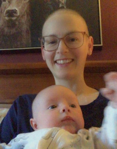 During cancer treatment Rachel Bailey lost her hair and joked that she and newborn son Luke matched.