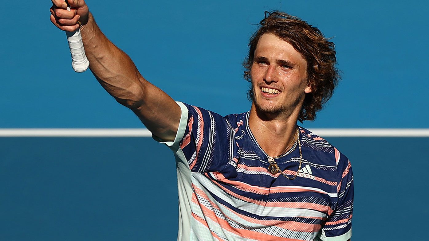 Alexander Zverev of Germany celebrates winning match point during his Mens Singles Quarterfinal match against Stan Wawrinka