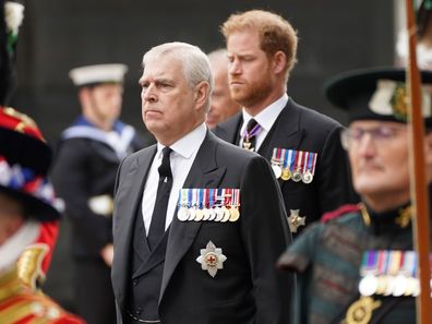 Prince Andrew, Duke of York and Prince Harry, Duke of Sussex in the state funeral of Queen Elizabeth II at Westminster Abbey on September 19, 2022.