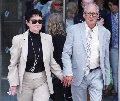 Ana Kriegel's parents Patric and Geraldine Kriegel leave Dublin's Central Criminal Court after two 14-year-old boys were found guilty of her murder.