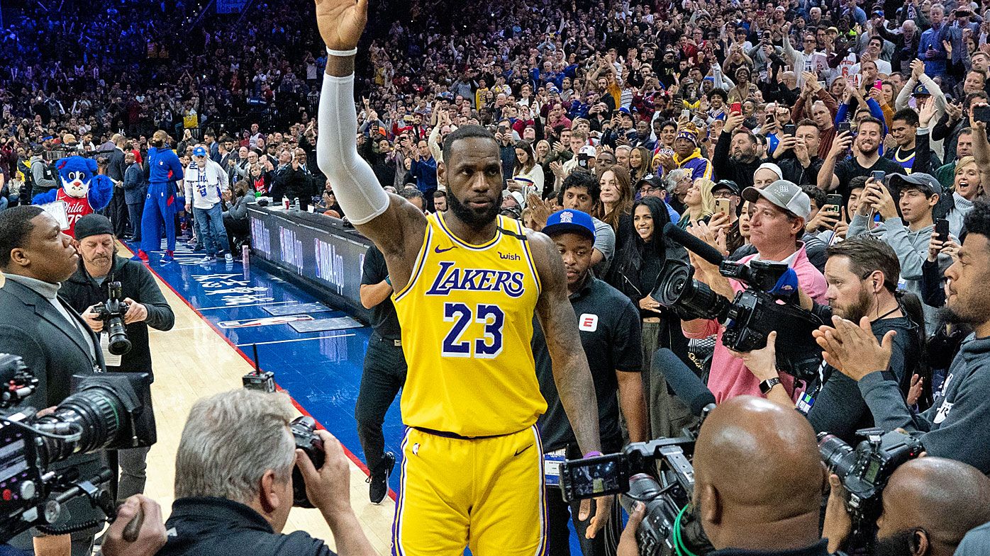 Los Angeles Lakers&#x27; LeBron James (23) reacts after moving to No. 3 on the NBA&#x27;s career scoring list 