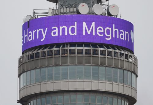A message displayed on the BT Tower congratulating the engagement of Prince Harry and Meghan Markle in London. (AAP)