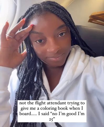 Flight attendant mistakes Simone Biles for a child, offers her a coloring book Credit: Simone Biles/Instagram