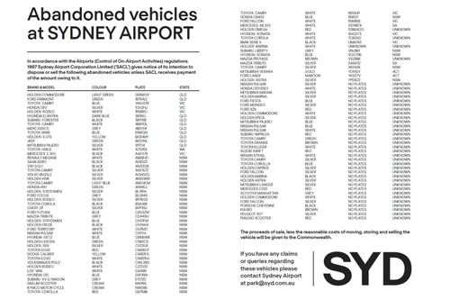 Sydney Airport's ad listing the abandoned cars.