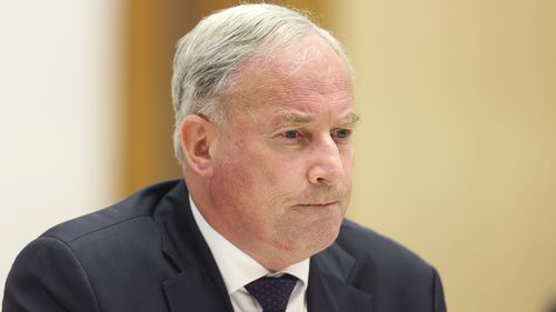 Minister for Senior Australians and Aged Care Services and Minister for Sport Richard Colbeck during a Senate hearing on COVID-19, at Parliament House in Canberra on  Wednesday 2 February 2022. fedpol Photo: Alex Ellinghausen