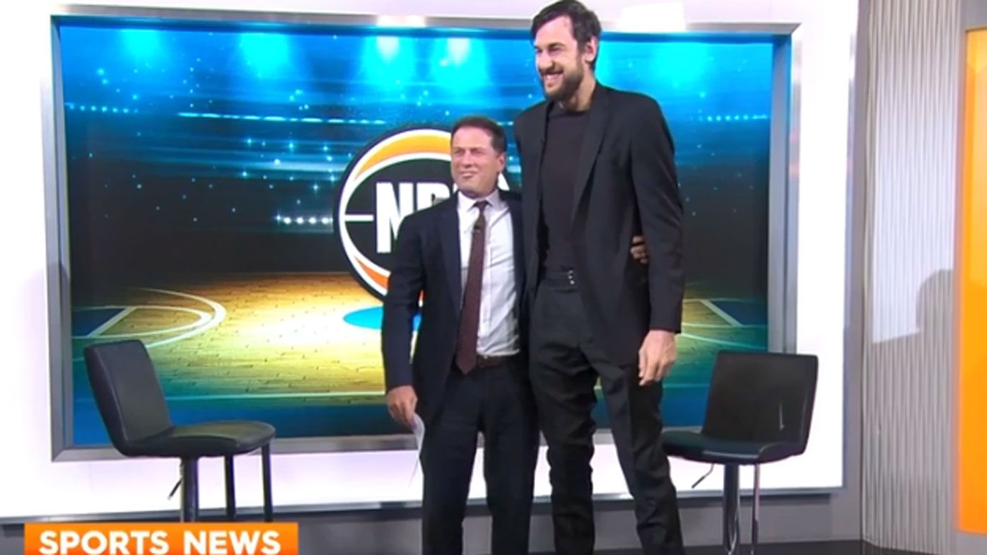 Today host Karl Stefanovic gets handsy with large human Andrew Bogut