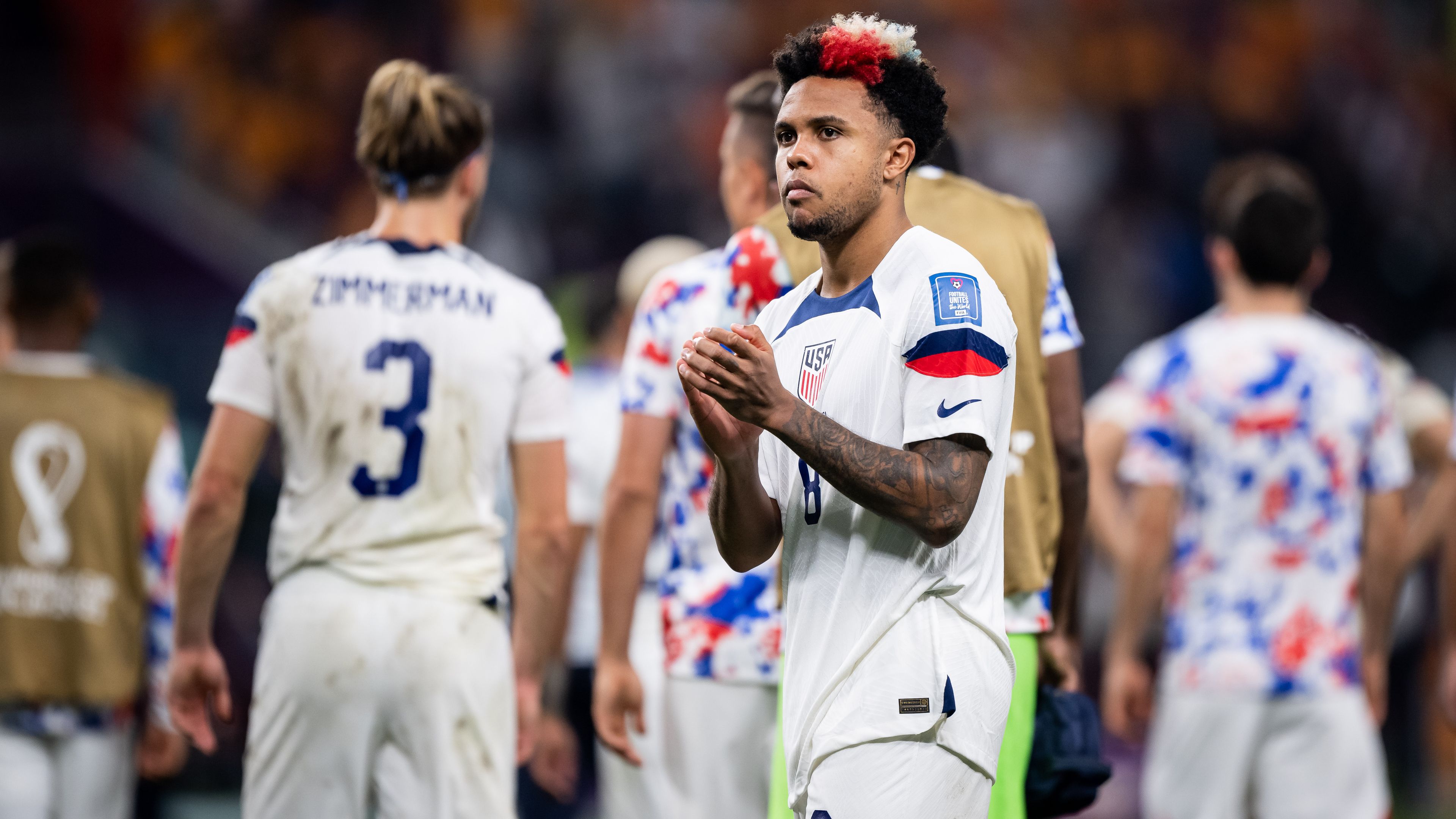 Weston McKennie of USA looks dejected after the FIFA World Cup loss to Netherlands. (Photo by Marvin Ibo Guengoer - GES Sportfoto/Getty Images)