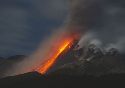 Lava flows down Soufrière Hills volcano on the Caribbean island of Montserrat.