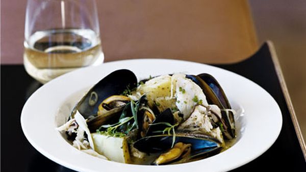 Warm mussel, potato and crab salad