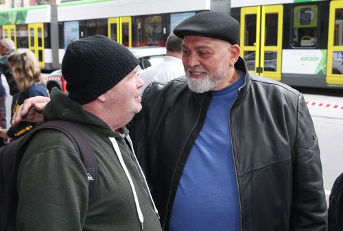 Mick Gatto (right) is seen at a fundraising launch in Melbourne, Thursday, October 10, 2019. The Salvation Army is calling for more accomodation for the homeless. (AAP Image/David Crosling) NO ARCHIVING