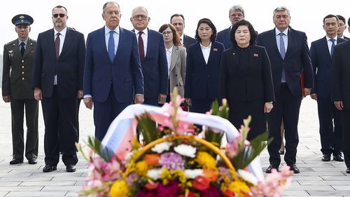 Lavrov and North Korean Foreign Minister Choe Son Hui, attend a laying ceremony at Mansu Hill Grand Monument