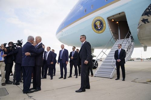 President Joe Biden is greeted by Israeli Prime Minister Benjamin Netanyahu