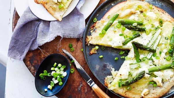 Asparagus, potato and goats' cheese pizza
