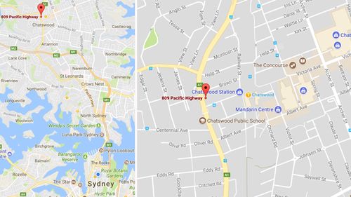 Location where body of woman was found and man is sat atop high-rise in Chatswood (Google Maps)