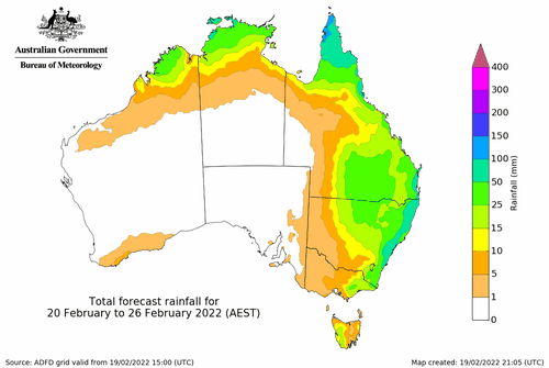 Wet weather is back - BoM map for 20th February. 