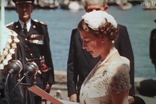 Queen Elizabeth II making her first ever speech in Australia in 1954.