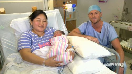 Proud mum Sainzaya Enkhtaiven with Westmead Hospital's Dr Hugh Porter. (9NEWS)