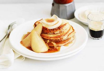 Pancakes with maple-syrup pears and spiced ricotta