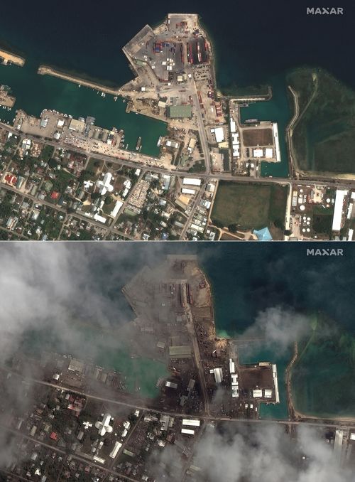 This combination of the satellite images provided by Maxar Technologies shows homes and buildings in Tonga on Dec. 29, 2021, top, and on Jan. 18, 2022.