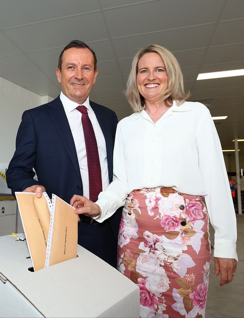 West Australian Premier Mark McGowan and his wife Sarah McGowan cast their votes at the Rockingham Early Voting Centre. Around 600,000 votes in WA have cast their ballot early.