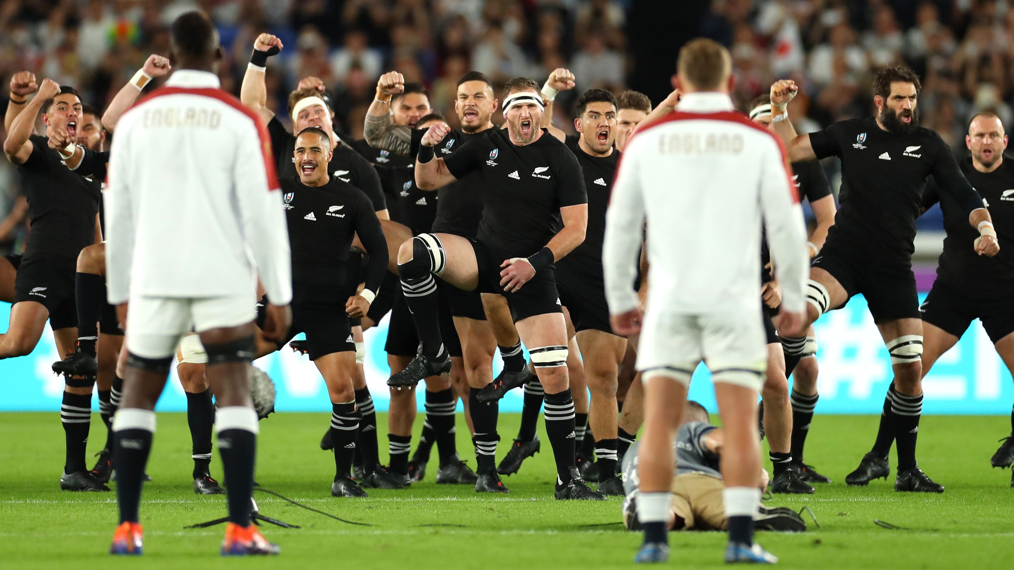 England watch New Zealand perform the haka before the 2019 Rugby World Cup semifinal.
