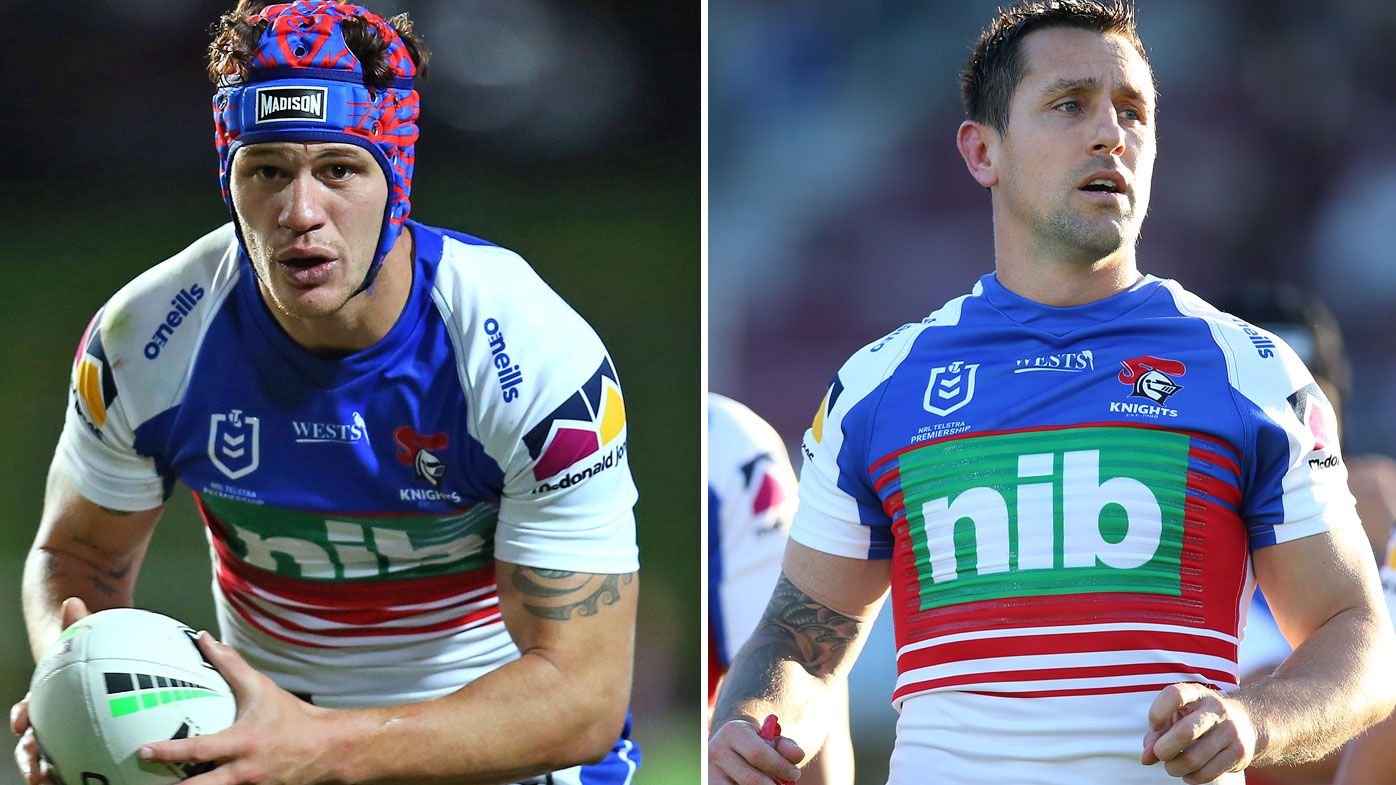 Kalyn Ponga and Mitchell Pearce of the Knights 