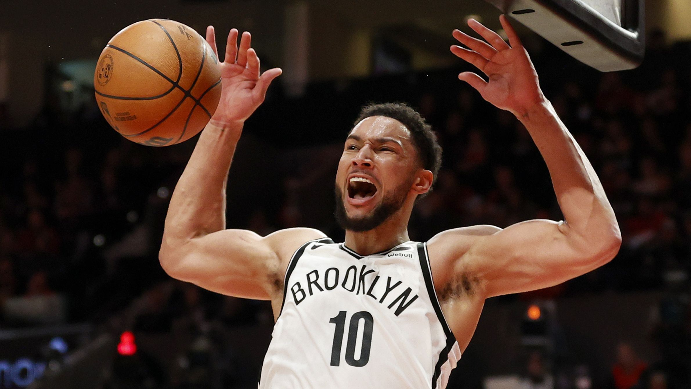 PORTLAND, OREGON - NOVEMBER 17: Ben Simmons #10 of the Brooklyn Nets dunks during the third quarter against the Portland Trail Blazers at Moda Center on November 17, 2022 in Portland, Oregon. NOTE TO USER: User expressly acknowledges and agrees that, by downloading and or using this photograph, User is consenting to the terms and conditions of the Getty Images License Agreement. (Photo by Steph Chambers/Getty Images)