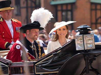 WINDSOR, ENGLAND - JUNE 16: Prince William, Prince of Wales and Catherine, Princess of Wales attending the annual Order of the Garter Service at St George's Chapel, Windsor Castle on June 16, 2025 in Windsor, England. (Photo by Yui Mok - WPA Pool/Getty Images)