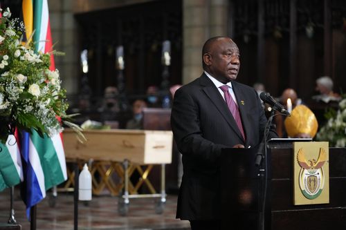 President Cyril Ramaphosa delivers the eulogy   at the funeral service of Anglican Archbishop Emeritus Desmond Tutu   in St. Georges Cathedral in Cape Town, South Africa, Saturday, Jan. 1, 2022. 