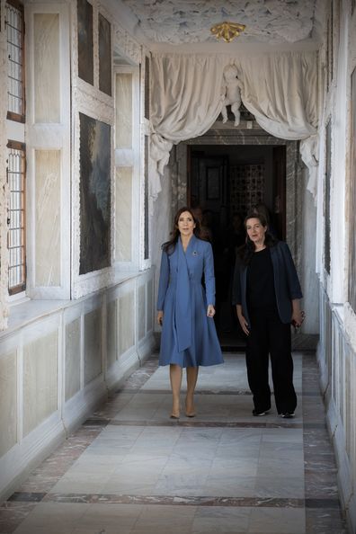 Queen Mary of Denmark at Frederiksborg Castle during the filming of a documentary about Countess Danner.