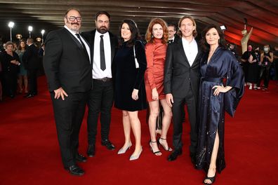 (L-R) Nick Batzias, Justin Kurzel, Virginia Whitwell, Annabel Marshall-Roth, Sean Keenan and Essie Davis of Nitram arrive at the 2021 AACTA Awards