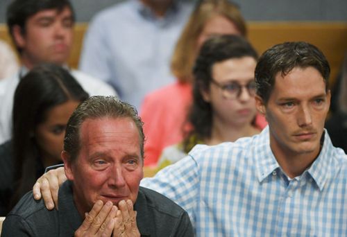 Frank Rzucek the father of Shanann Watts, left, and her brother Frankie Rzucek attended court for Christopher Watts' arraignment hearing at the Weld County Courthouse.