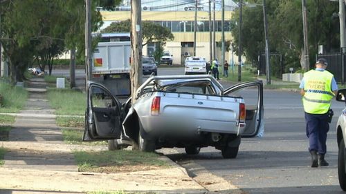 The ute hit a pole in Condell Park yesterday. (9NEWS)