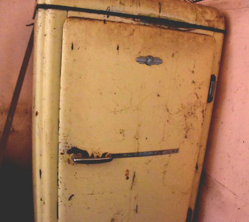An old fashioned fridge found in the kitchen.