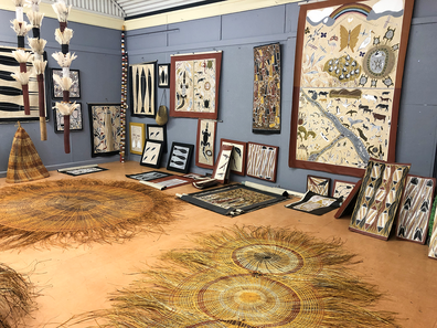 Works of art at Bula'Bula Arts, Ramingining, East Arnhem Land, Northern Territory