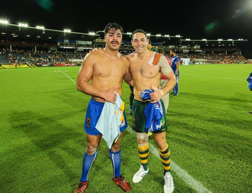 Tonumaipea and fellow Storm player Billy Slater exchange jerseys during the last Rugby League World Cup. Picture: AAP
