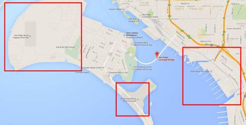 Three US military bases near the San Diego-Coronado Bridge (marked). (Google Maps)