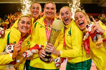 Australia crowned champions during the Netball World Cup Medal Presentation at Cape Town International Convention Centre, Court 1 on August 06, 2023 in Cape Town, South Africa. (Photo by Ashley Vlotman/Gallo Images/Netball World Cup 2023 via Getty Images)