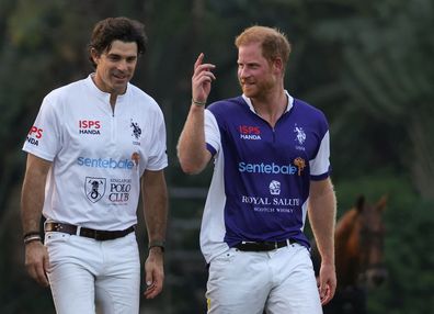 Britains Prince Harry, the Duke of Sussex, talks with Argentinian polo player Nacho Figueras after the Sentebale ISPS Handa Polo Cup at the Singapore Polo Club in Singapore August 12, 2023. REUTERS/Edgar Su