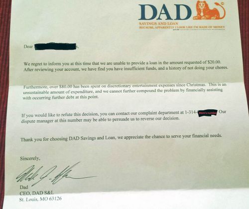 'Dad bank’ rejects six-year-old's request for allowance advance